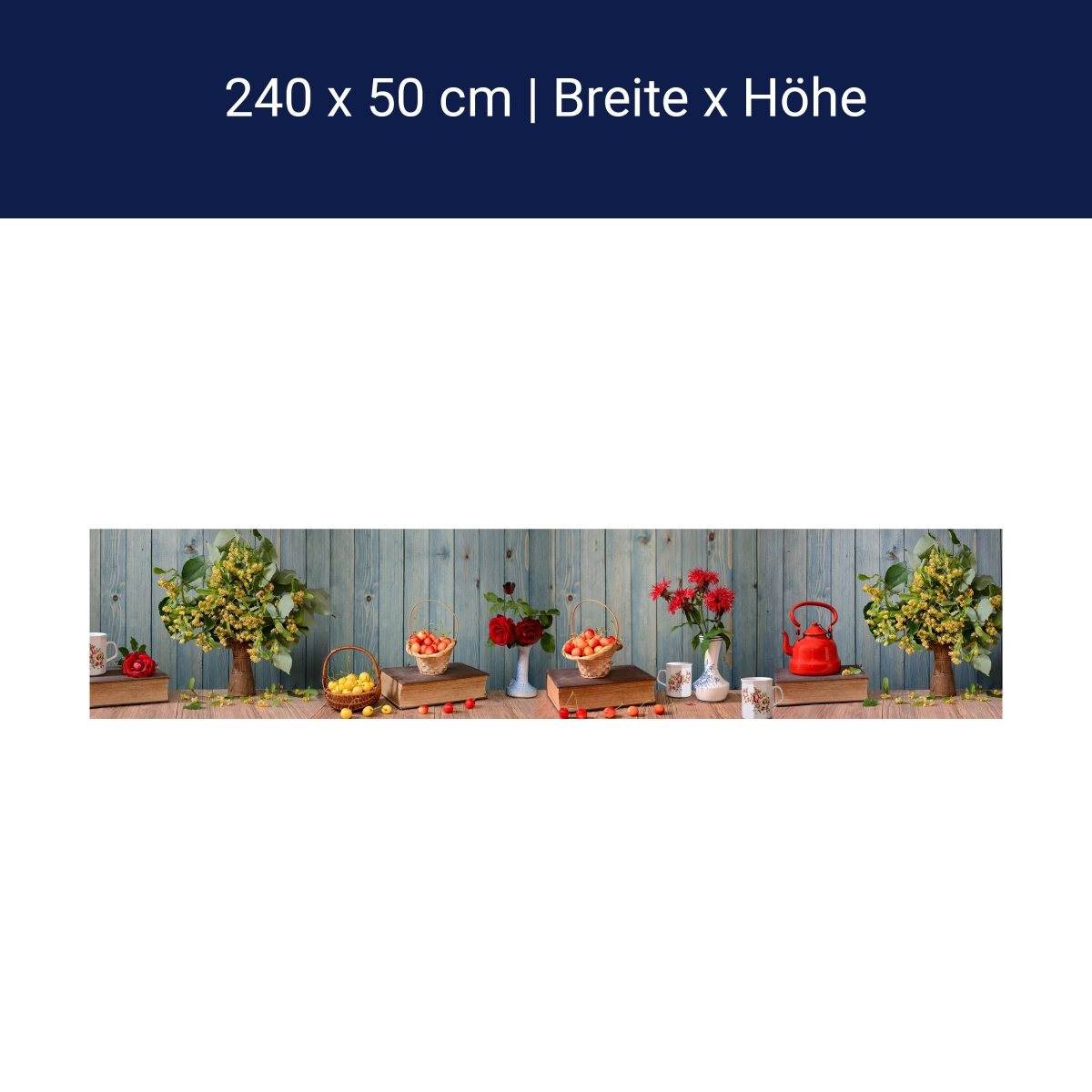 Küchenrückwand Rosen Holz Kanne Kirschen Blüten Gelb M1204