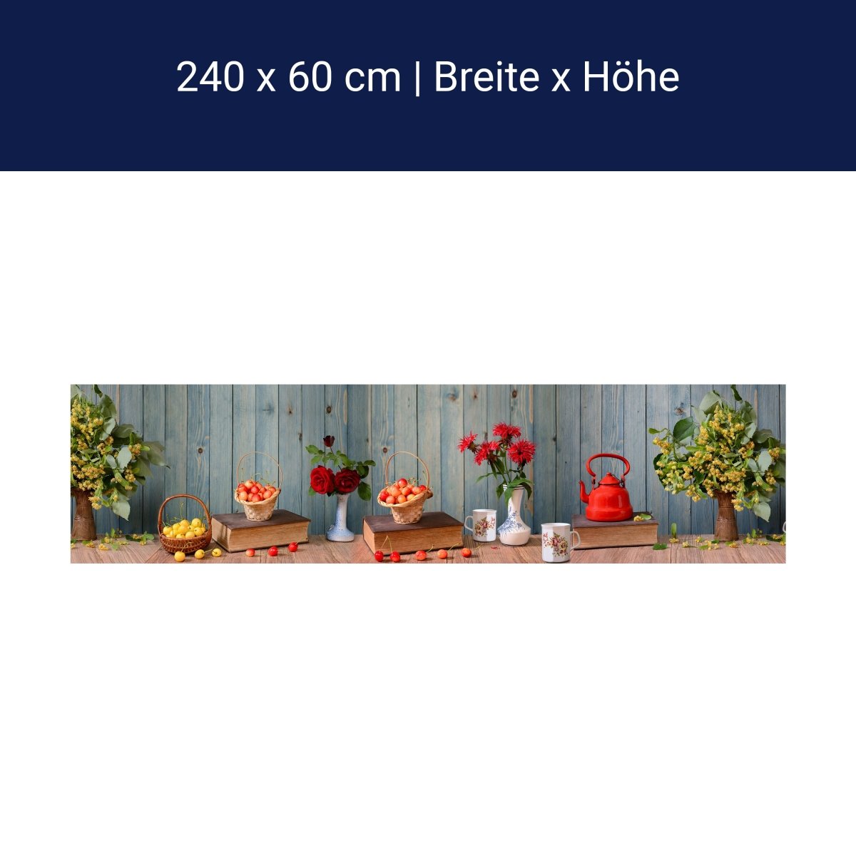 Küchenrückwand Rosen Holz Kanne Kirschen Blüten Gelb M1204