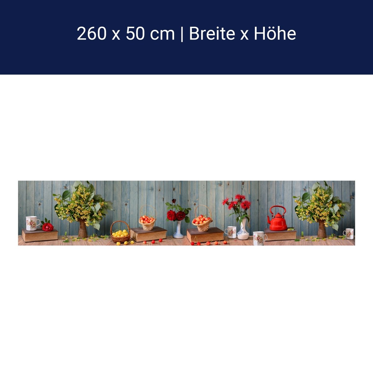 Küchenrückwand Rosen Holz Kanne Kirschen Blüten Gelb M1204