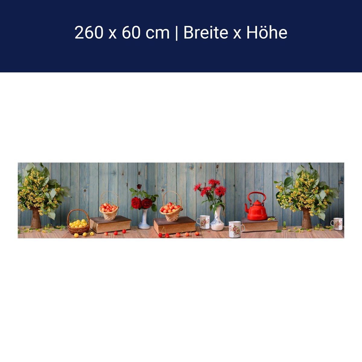 Küchenrückwand Rosen Holz Kanne Kirschen Blüten Gelb M1204